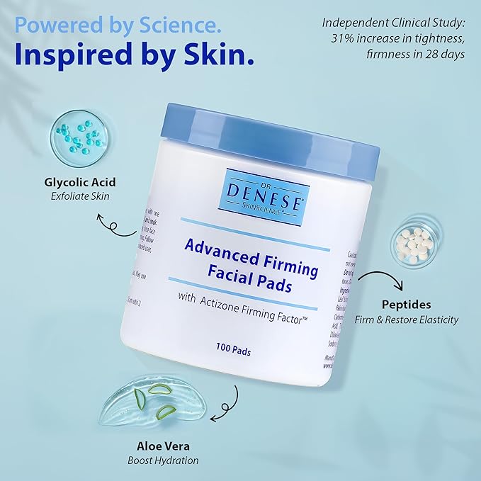 Dr. Denese SkinScience Advanced Firming Facial Pads 100 Count ? Professional Exfoliator with Glycolic Acid Peptides and Aloe for Smooth Radiant Skin Refined Pores ? Dermatologist Tested Cruelty Free