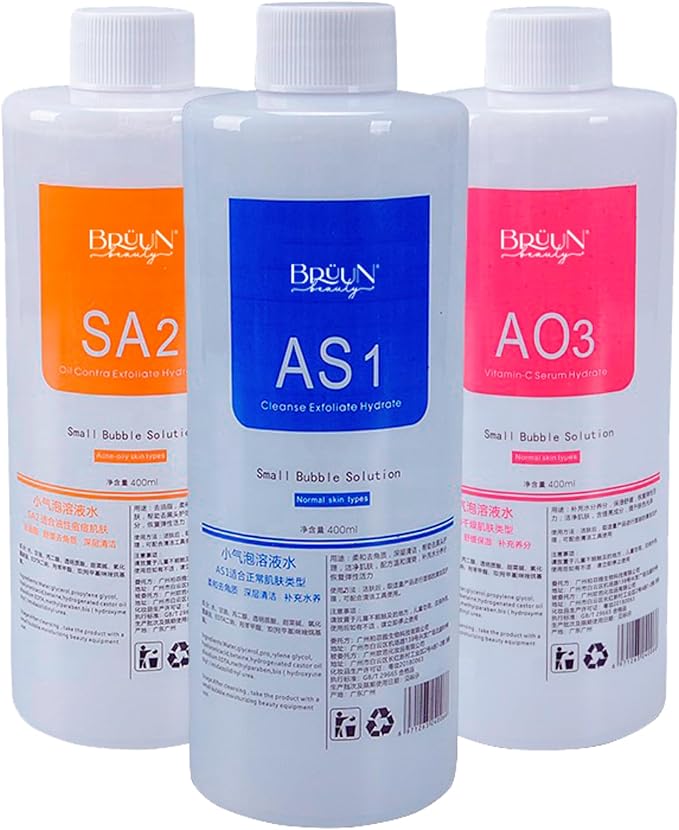 BR?UN Hydrogen Oxygen Facial Machine Serums for Facial Cleansing ? A Pack of 400ml 3 Aqua Peeling Solution AS1 SA2 and AO3 ?Skin Care Hydra Solution for Vacuum face Cleaning Jet for Home and Spa