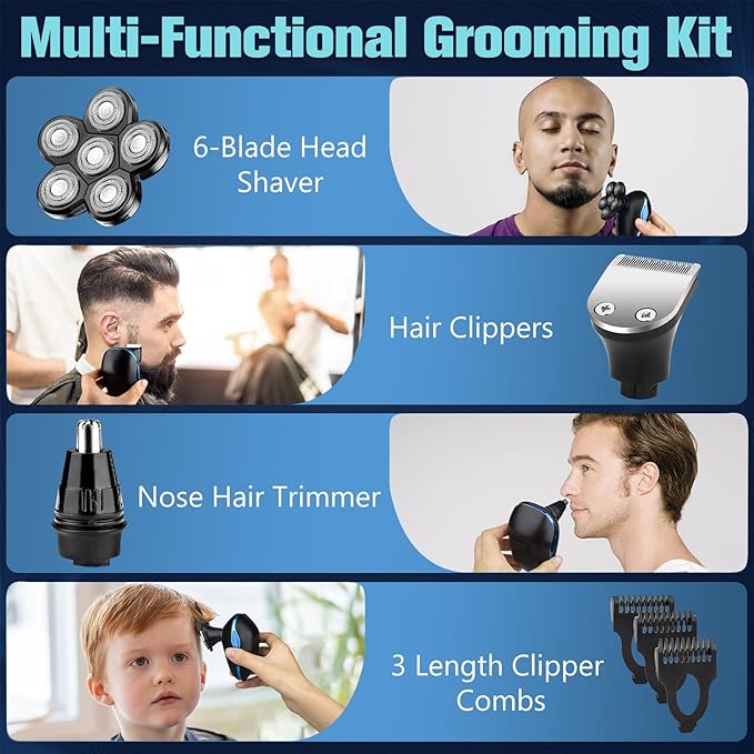Head Shaver for Bald Men6-in-1 Electric Shaver for Bald Head 6D Wet/Dry Waterproof Mens Electric Razor Head Shavers Mens Grooming Kit Cordless Rechargeable Face Head Shaving Rotary Shaver