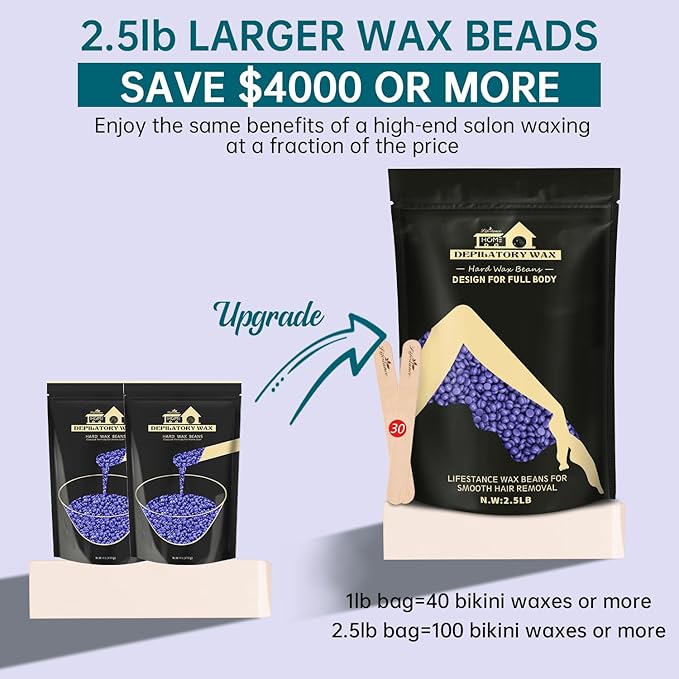 Lifestance 2.5lb Wax Beads Kit Lavender Hard Wax Beans For Hair Removal Brazilian Bikini Leg Underarm Waxing for Fine Coarse Hair Women Men Large Refill for Wax Warmers at Home
