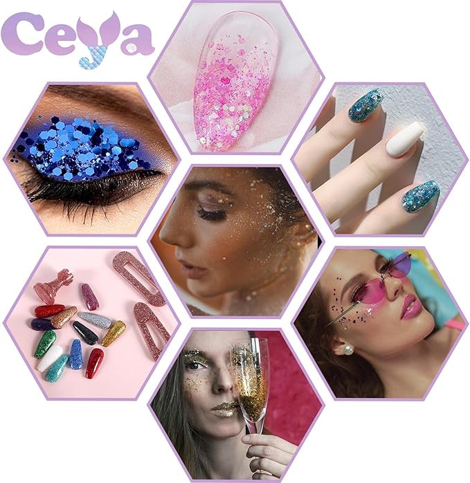 Ceya Chunky Glitter Set 32 Colors 11.28 oz/ 320g Craft Glitter Powder Mixed Chunky Fine Sparkle Flakes Each 15ml Iridescent Nail Sequins for Epoxy Resin Nail Art Tumbler Slime Festival Decor