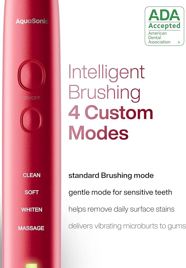 Aquasonic Vibe Series Ultra-Whitening Toothbrush ? ADA Accepted Electric Toothbrush - 8 Brush Heads &amp Travel Case ? 40000 VPM Motor &amp Wireless Charging - 4 Modes w Smart Timer ? Ruby