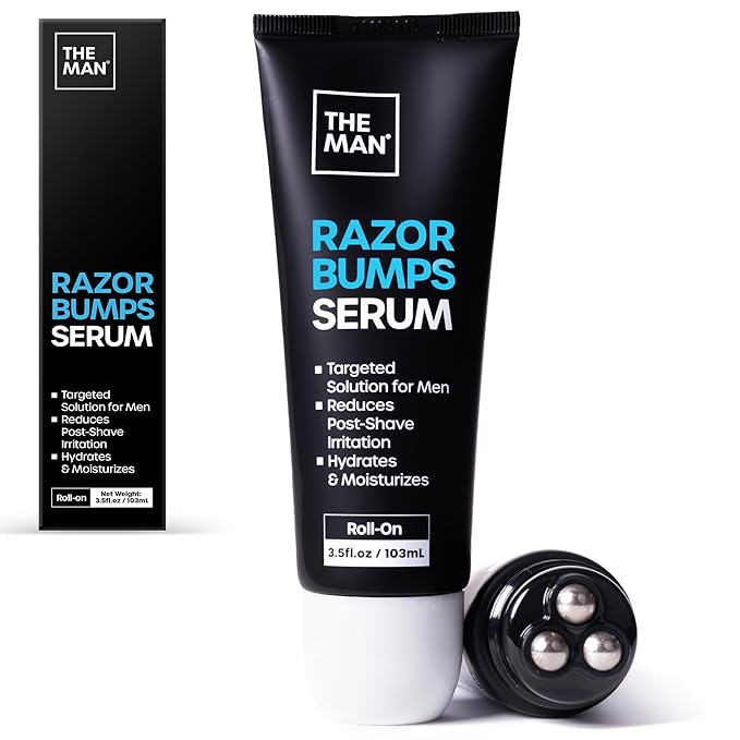 The Man Razor Bumps Serum - Ingrown Hair Treatment for Men - Razor Bump Treatment for Men - Face &amp Body After Shave &amp Razor Burn Treatment - Metal Roll On Soothes Skin &amp Calms Irritation (