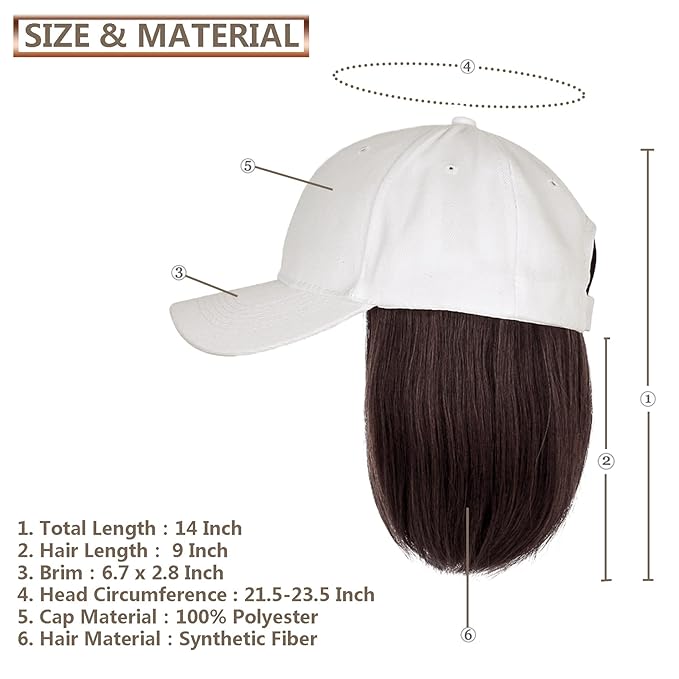 10 Beige Baseball Cap with Hair Extensions Short Bob Hairstyle Adjustable Hat Wig Attached Synthetic Hairpiece for Women Daily Use Dark Brown Hair