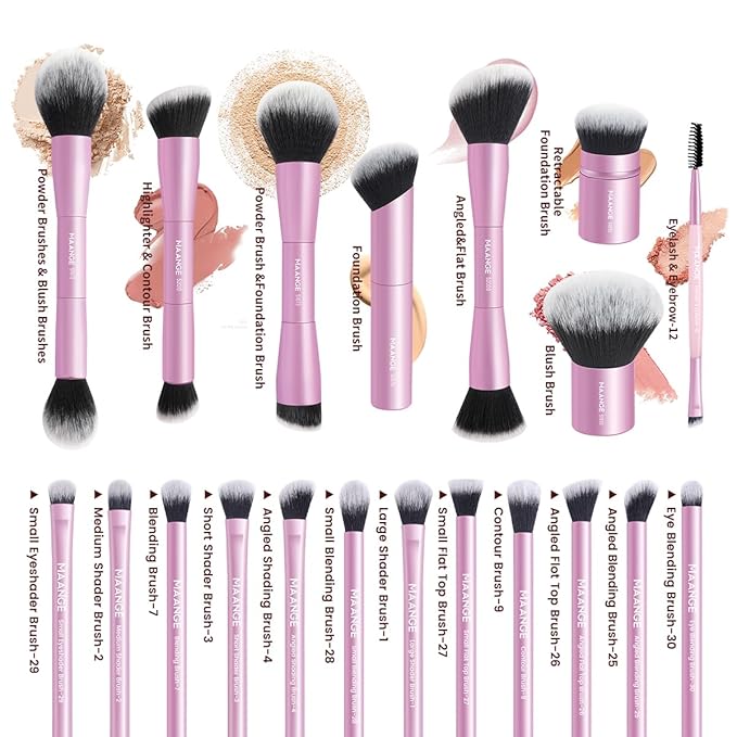 MAANGE 20 Pcs Makeup Brushes with Gift Box Double-End Multi-functional Makeup Brushes for Blending Liquid Powder Concealer Cream Blush BuffePink