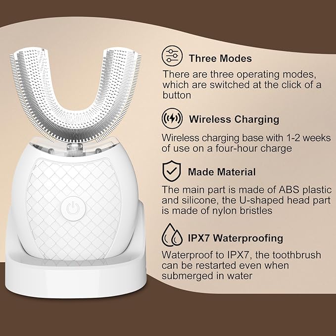 Electric Toothbrush for Adults U Shaped Automatic Toothbrush for 360-degree Cleaning 3 Modes for Whitening Wireless Charging Kit for Travel or Home(White)