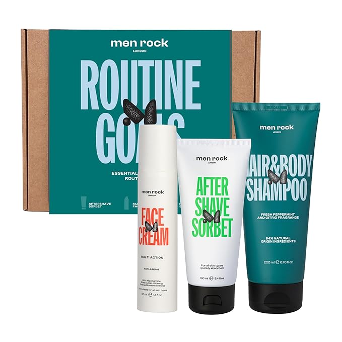 Men Rock Routine Goals Essential Grooming Kit - Mens Face Care Set - Aftershave for Men - Face Moisturizer - Hair and Body Wash Shampoo - 3 Pc