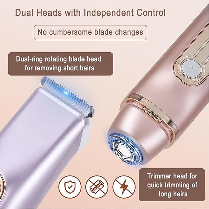 2 in 1 Bikini Trimmer for Women Dual Head Electric Razor IPX7 Waterproof Wet/Dry Use Women Electric Shaver Body Facial Hair Remover for Bikini Legs Arm Underarm Rechargeable