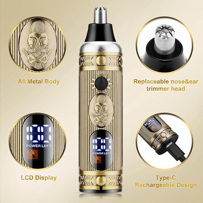 Hair Clippers for MenProfessional Cordless Barber Trimmer SetNose and Ear Hair Trimmer with Razor Replacement HeadUSB Rechargeable Hair Cutting Grooming Kit-LED Display (Gold-1)