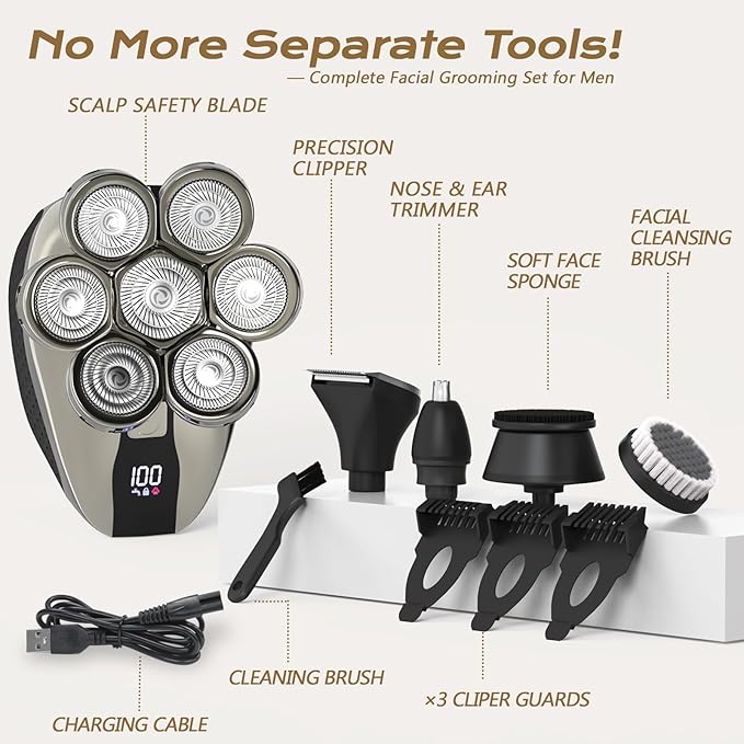 7D Head Shavers for Bald Men Water Proof Electric Razor for Men with LED Display Detachable Wet/Dry Anti-Pinch Head Shavers Shaving Grooming Kit for Balder Perfect for Home &amp Travel