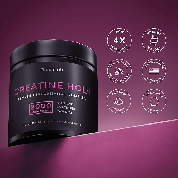 Creatine HCL+ 2000mg Female Performance Complex ? Sugar-Free Vegan Raspberry Flavor ? Chewable Gummies for Women 90 Count