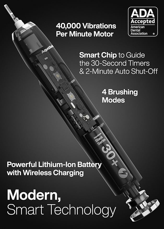 Aquasonic Black Series Ultra Whitening Toothbrush ? ADA Accepted Electric Toothbrush- 8 Brush Heads &amp Travel Case ? 40000 VPM Electric Motor &amp Wireless Charging - 4 Modes w Smart Timer