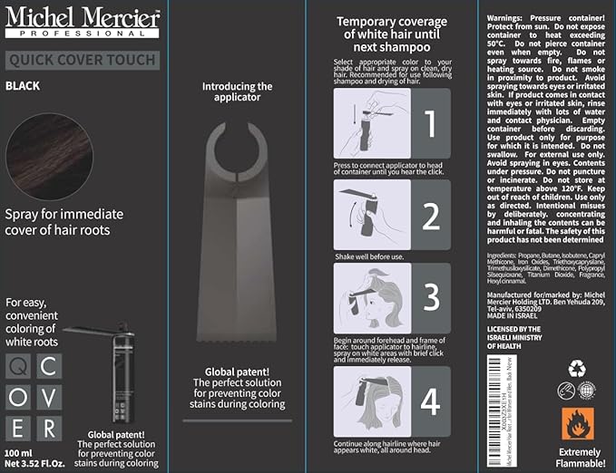 Michel Mercier Hair Root Touch Up Spray with Unique Applicator Protects Hairline and Scalp Health Fast and Easy Grey Hair Cover Up Concealer for Women and Men (Black)
