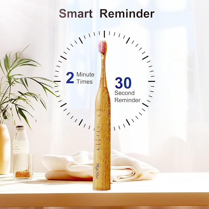 Electric Bamboo Toothbrush Sonic Toothbrush - 4 Replaceable Bamboo Brush Heads Eco-Friendly IPX7 Waterproof Electric Toothbrush One-Button Switch Five-Mode Brushing