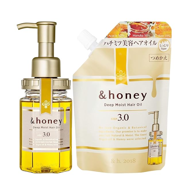 &amp-honey Deep Moist Hair Oil + Refill Set (100ml + 75ml) ? Hydrating Hair Treatment for Dry Frizzy Curly Hair ? Lightweight Non-Greasy ? Eco-Friendly Refill Pouch