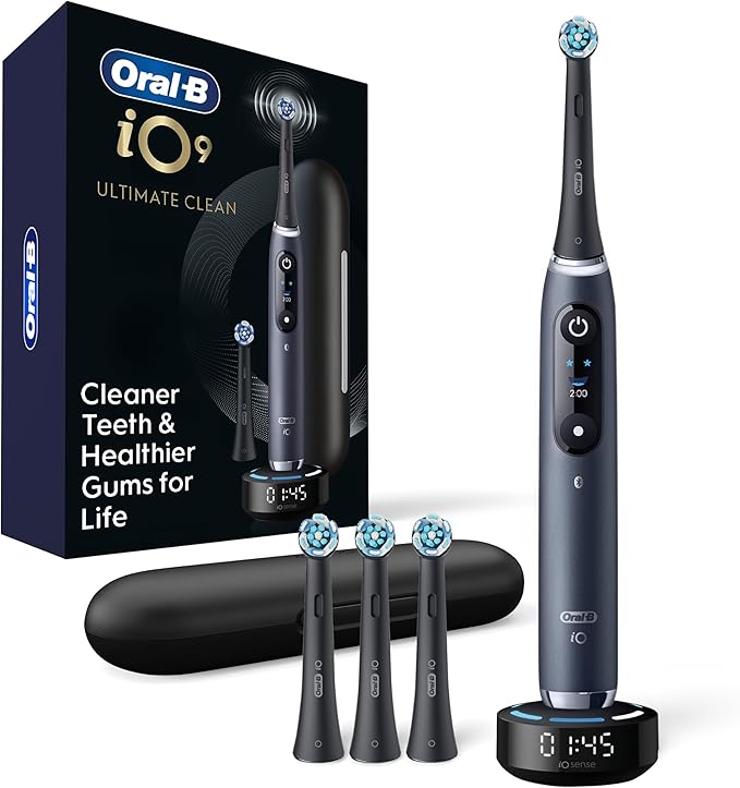 Oral-B iO Series 9 Limited Rechargeable Black Electric Toothbrush with (2) Ultimate Clean and (1) Gentle Care Replacement Brush Heads Black Travel Case and Charger