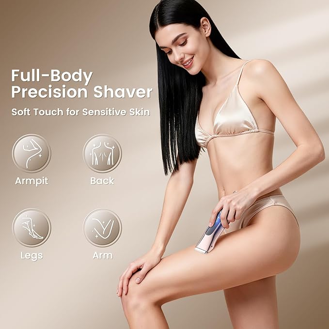 Bikini Trimmer for Women 2-in-1 Electric Razor with Dual Heads Ceramic Blade Waterproof &amp Rechargeable Painless Pubic Hair Shaver for Bikini Underarm Legs Face - PinkGold