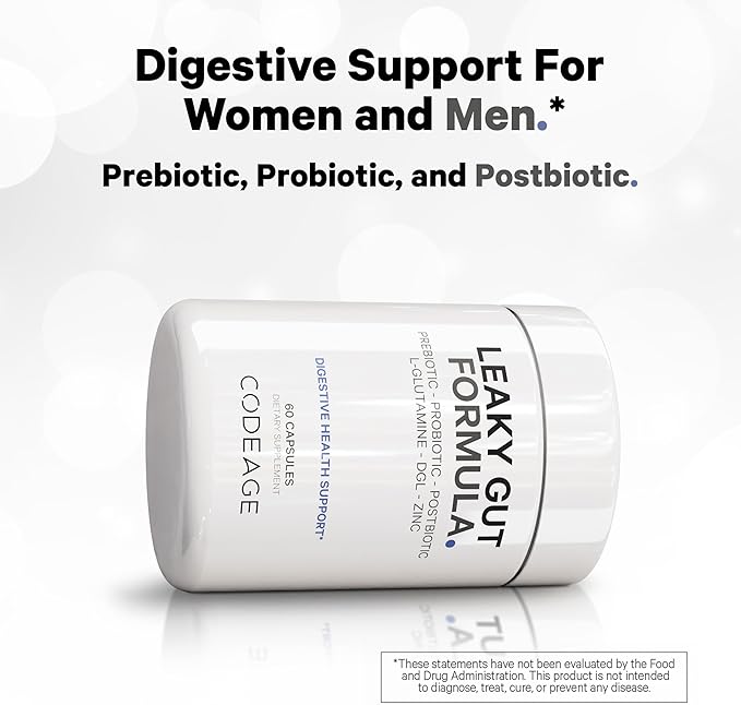 Codeage Leaky Gut Supplement L-Glutamine N-Acetylglucosamine Probiotic Butyric Acid Polyphenols Quercetin DGL Marshmallow Root Berberine BioPerine Cinnamon Vegan Non-GMO 60 Capsules