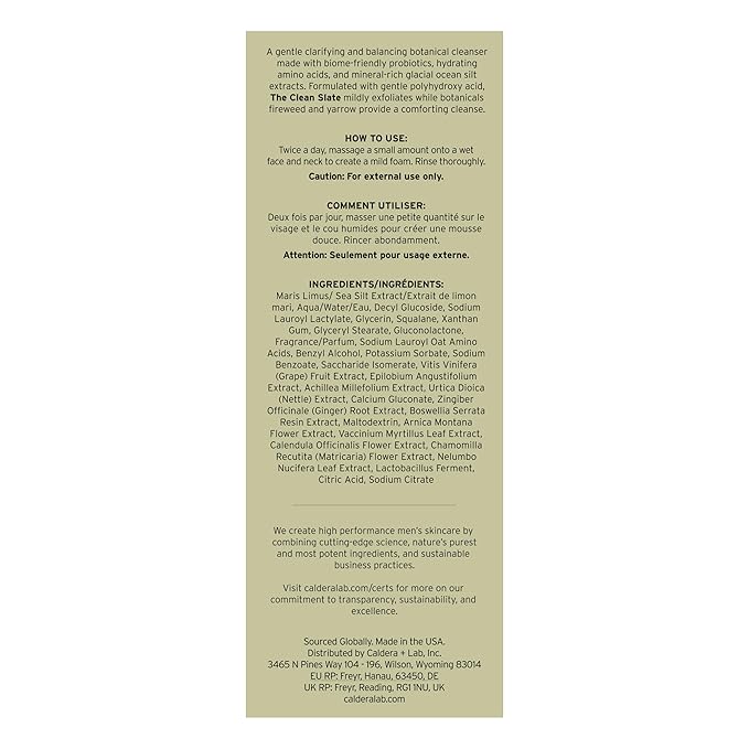 Caldera + Lab The Clean Slate | Men's Organic Foaming Facial Cleanser for Dry Sensitive &amp Normal Skin ? Vegan Natural &amp Antioxidant Packed Exfoliating Face Wash