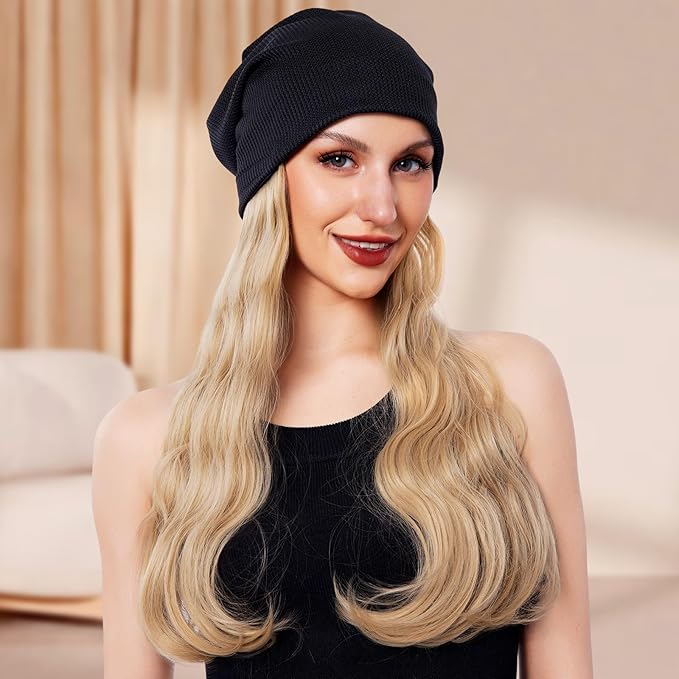Long Curly Hair Synthetic Hat Wig Knitted Hat with Hair Attached for Women White Blonde Cosplay Beanie Wavy Wig Cap (28in)(Blonde)