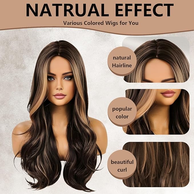 Haoland Brown Blonde Highlight Wigs for Women 26 Inch Long Curly Synthetic Wigs Middle Part Blonde Highlights Hair Wigs Loose Wavy wig Heat Resistant