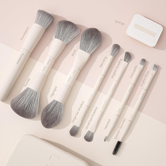 LULUCOLORS-Dual-Ended Makeup Brush Set with Sponge &amp Travel Case-13 Kinds of Multi-Functional Brushes for Face &amp Eyes ? Soft Bristles Easy Travel Brush Set (Cream White)