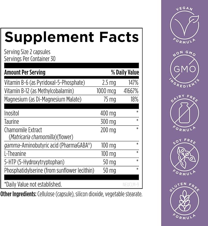 Designs for Health NeuroCalm - 5HTP GABA L-Theanine Supplement for Stress Response - Methylated B12 Vitamin B6 Taurine Chamomile &amp Magnesium Supplement for Mood Support (60 Vegan Capsules)