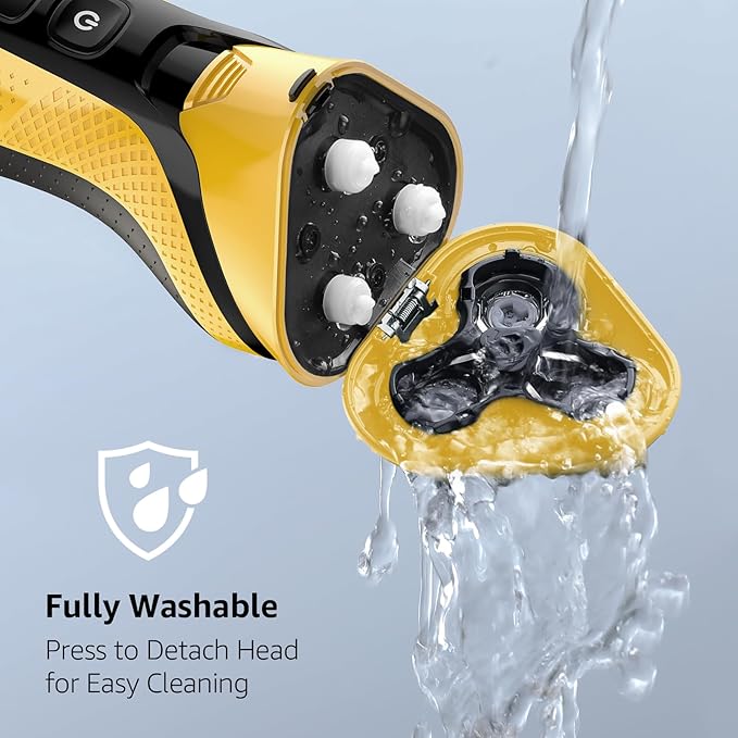 Rechargeable Electric Razor for Men: 3-in-1 Shaver for Beard/Nose/Sideburns - IPX7 Waterproof Travel Kit - Turbo Speed &amp Precision BladesCyber Yellow