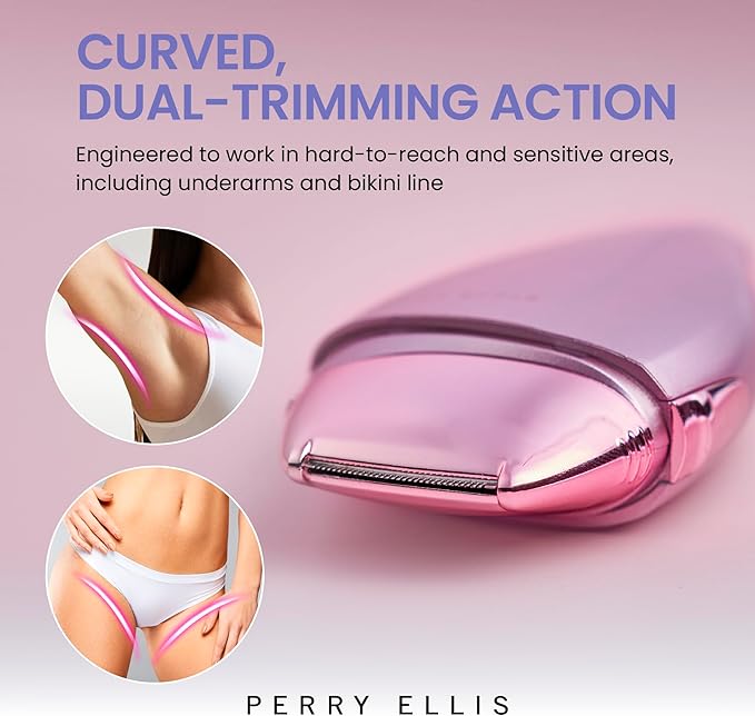 Perry Ellis Elegant Leaf Total-Body-Care Pocket Trimmer Cordless Electric Hair Clippers for Women Dual-Trimming Action Includes Cleaning Brush Battery Operated Pink