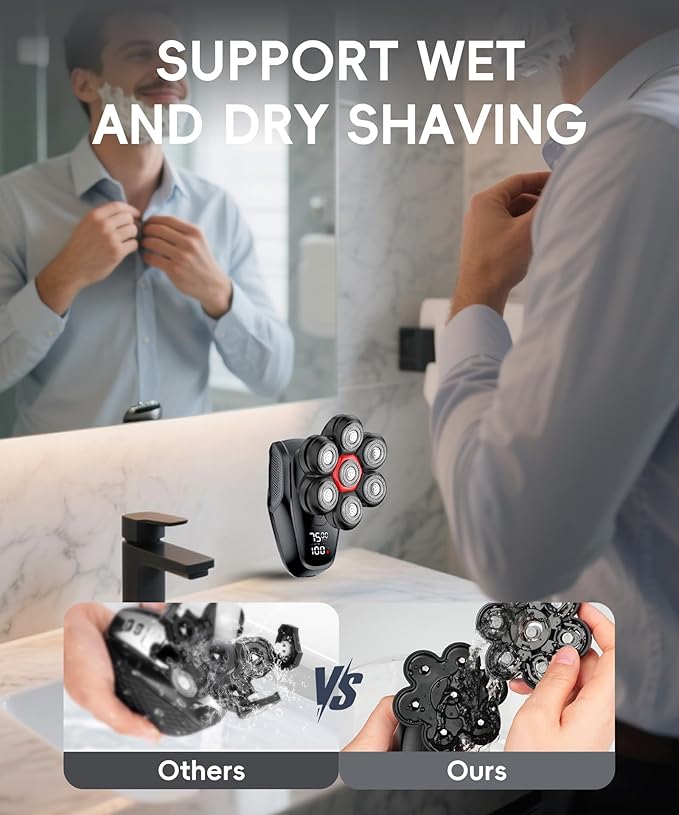 Head Shaver for Bald Men - IPX8 Waterproof Electric Razor for Wet/Dry Use with LED Display USB-C Fast Charge &amp 5 Attachments Black