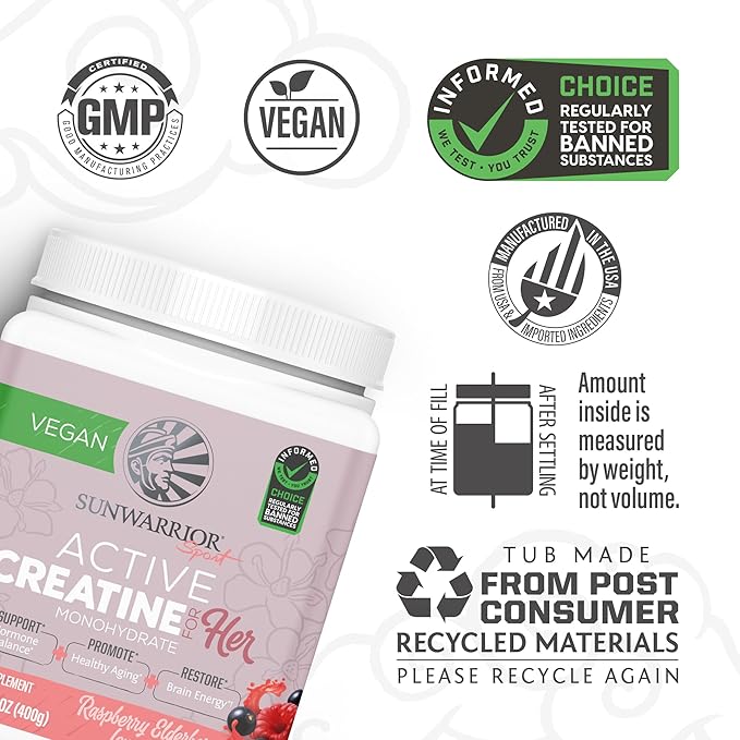 Sunwarrior Creatine for Women Monohydrate Powder Micronized Pre Workout Recovery Supplement Support Muscle Building Strength Training Cognition | Vegan and Easily Mixes 50 Servings Raspberry Lemonade