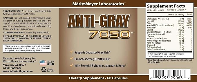 Anti-Gray Hair 7050 Helps Restore Natural Hair Color 60 Capsules Per Bottle (2 Bottles)