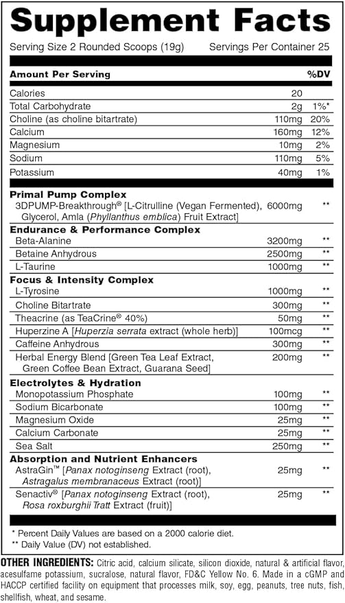 Animal Primal Muscle Hydration + Preworkout Powder ? Contains Beta Alanine 3DPump Caffeine &amp Electrolytes ? Improves Energy Focus Endurance &amp Absorption ? New Wick?™d Peach Flavor 16.75 oz