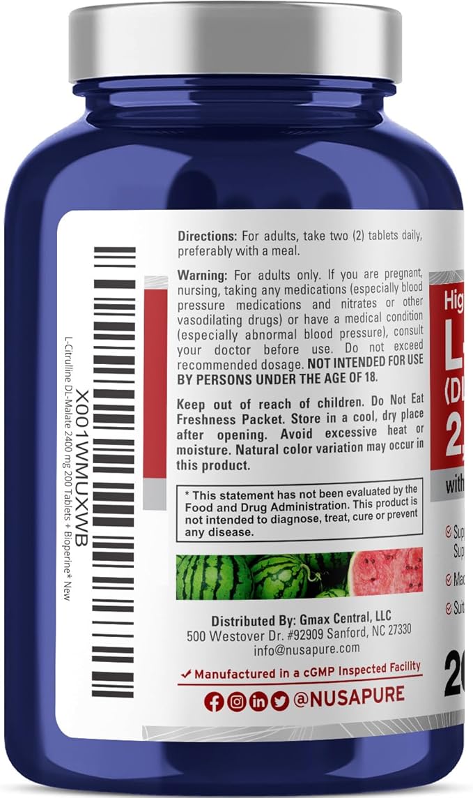 NusaPure L-Citrulline 2400mg 200 Vegetarian Tablets (Non-GMO Gluten Free 100-Day Supply Bioperine)
