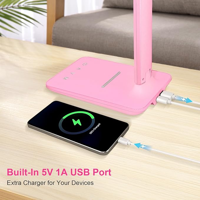White crown LED Desk Lamp Dimmable Table Lamp Reading Lamp with USB Charging Port 5 Lighting Modes Sensitive Control 30/60 Minutes Timer (Pink First-Generation)