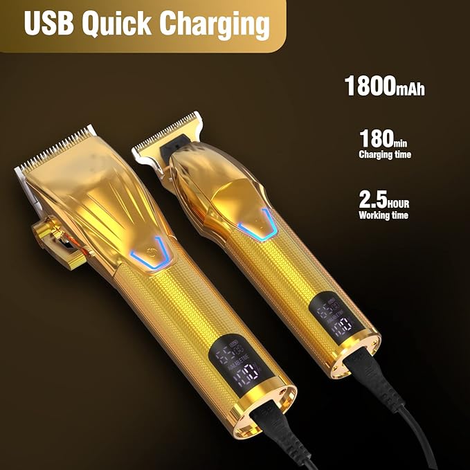 Cordless Hair Clippers for MenProfessional Hair Clippers Trimmer KitBarber Fading Clipper and Zero Gap T-Blade Trimmer Set with LED Display for Mens Gifts(Gold)