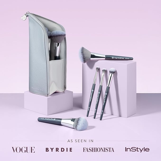 BK BEAUTY BRUSHES - ANGIE HOT &amp FLASHY Travel Brush Set with Pouch - Foundation Makeup Brushes - Brush for Liquid or Cream Foundations - Under-Eye Concealer | Bronzer Blush &amp Highlighter Make