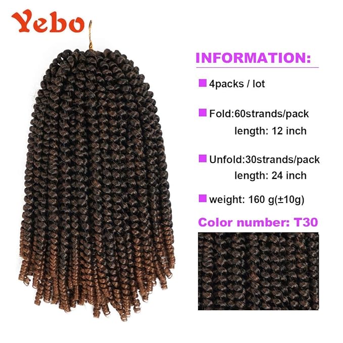 YEBO 4 Packs 12 inches Spring Twist Hair for Butterfly Locs Crochet Hair Ombre Colors Synthetic Braiding Hair Extensions for Woman(T30/12inch)