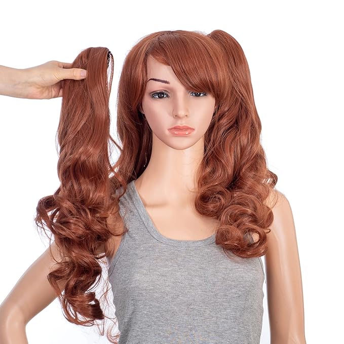 SWACC Long Curly Double Claw Clip on Ponytail Wig Synthetic Pastel Colorful Cosplay Daily Party Wig for Women with Wig Cap (Dark Copper Red)
