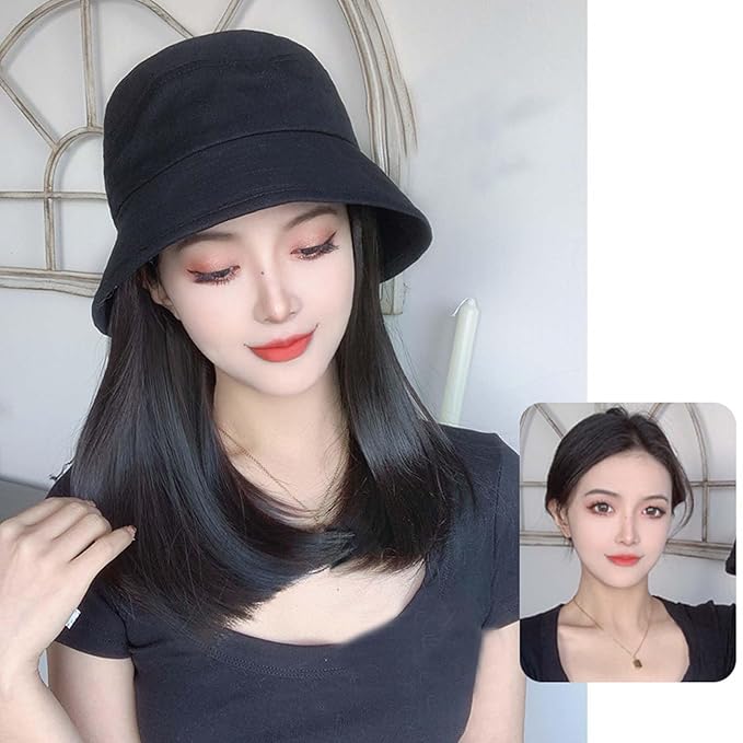 Detachable women's wig hat autumn summer bucket fisherman hat medium length hair with inner buckle collarbone wig