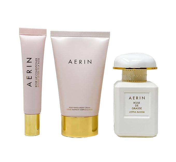 AERIN Rose Collection - Rose De Grasse Joyful Bloom Set - EAU De Parfum (1 fl oz / 30 ml) Hand and body cream (1 fl oz / 30 ml) and Lip conditioner (.34 fl oz / 10 ml).