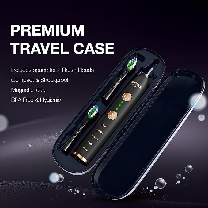 Wagner Stern WHITEN+ Edition. Whitening Electric Toothbrush with Pressure Sensor. Offers 5 Brushing Modes 3 intensities 8 Soft Brush Heads and a Luxury Travel case.