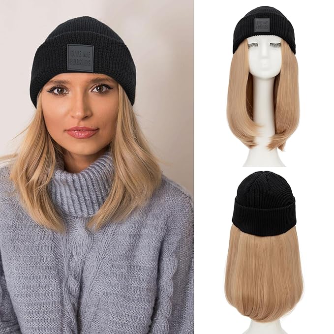 S-noilite Beanie Wig Hair ExtensionsAsh Blonde Short Straight Hair Extensions with Knitted Hat Hairpieces for Women Winter 11 Inch