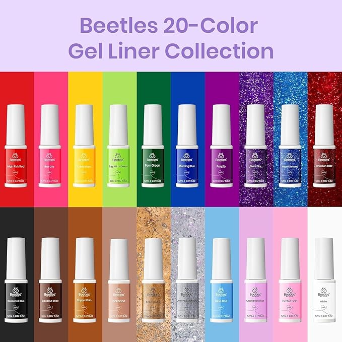 Beetles French Tip Gel Liner Nail Polish Set- 20 Colors Nail Art Polish Brown Glitter Pink Blue White Red Purple Swirl Gel Nails Polish Nails Art Painted Build in Thin Brush Manicure Gifts for Women