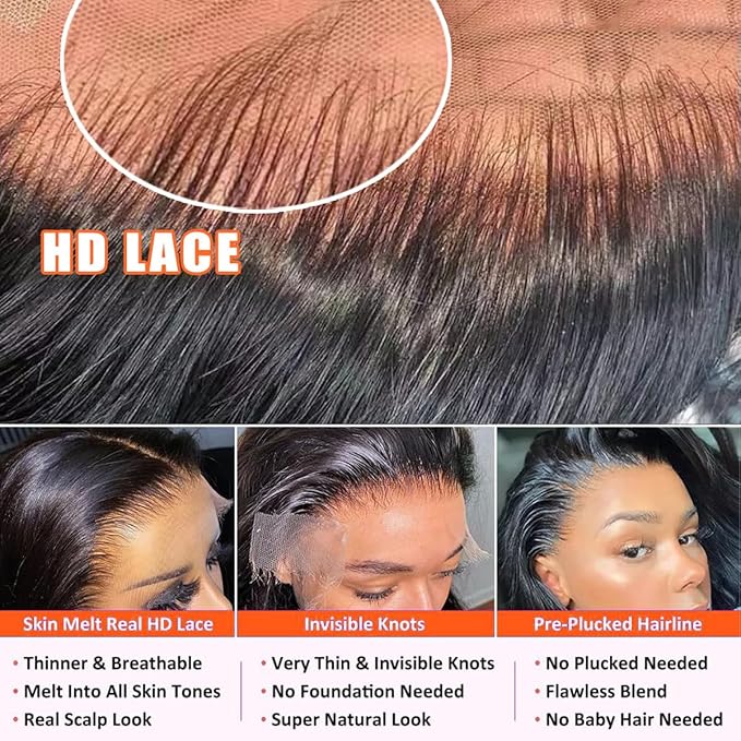 36 Inch Body Wave Lace Front Wigs Human Hair 13x6 HD Transparent Lace Front Wigs Pre Plucked Brazilian Virgin Human Hair Wig 220% Density Lace Frontal Wigs Natural Color