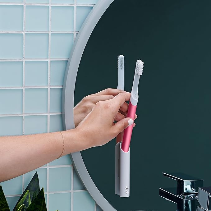 Quip Sonic Toothbrush for Adults with Timer - Includes Extra Brush Head and Travel Cover Mount - Electric Soft Bristle Refill Head Metal Handle 3 Month Battery Life - Travel Toothbrush - Pink
