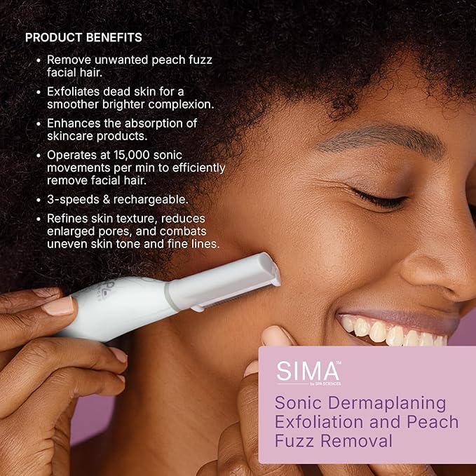 SPA SCIENCES - SIMA Patented Dermaplane Razor for Women Face ? Painless 2-in-1 Facial Exfoliation &amp Peach Fuzz Hair Removal ? Anti-Aging ? 3 Speeds ? Rechargeable ? 19 Weeks Treatment