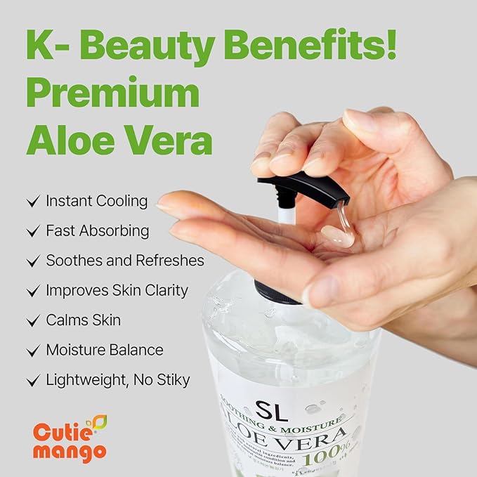 CUTIE MANGO Aloe Vera Soothing Gel 1000ml (35.27oz) | Quick Hydration &amp Moisturizing | Natural Aloe Vera | Face Hair Body After Shave Korean Daily Skincare All Skin Types Family Size (Made in Kore