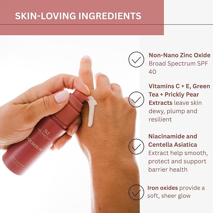Solserum Mineral Sunscreen SPF 40?Dermatologist-Formulated Facial SPF Serum with Non-Nano Zinc Oxide Niacinamide &amp Antioxidants?Lightweight Tint to Sheer Application No White Cast Dewy Finish