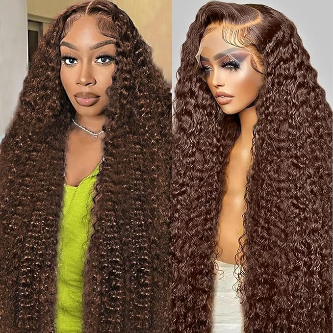 GOLFMAX 32 Inch Chocolate Brown Lace Front Wig Human Hair 200 Density 13x6 HD Deep Wave Lace Front Wigs Human Hair Colored Deep Curly Lace Frontal Wigs Glueless Wig Brown Wig Wigs for Women